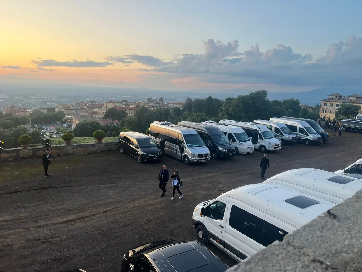 Fleet coordination at sunset overlooking city